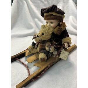 Collector's Choice Porcelain Doll-Teddy Bear Riding On A Sled Limited Edition